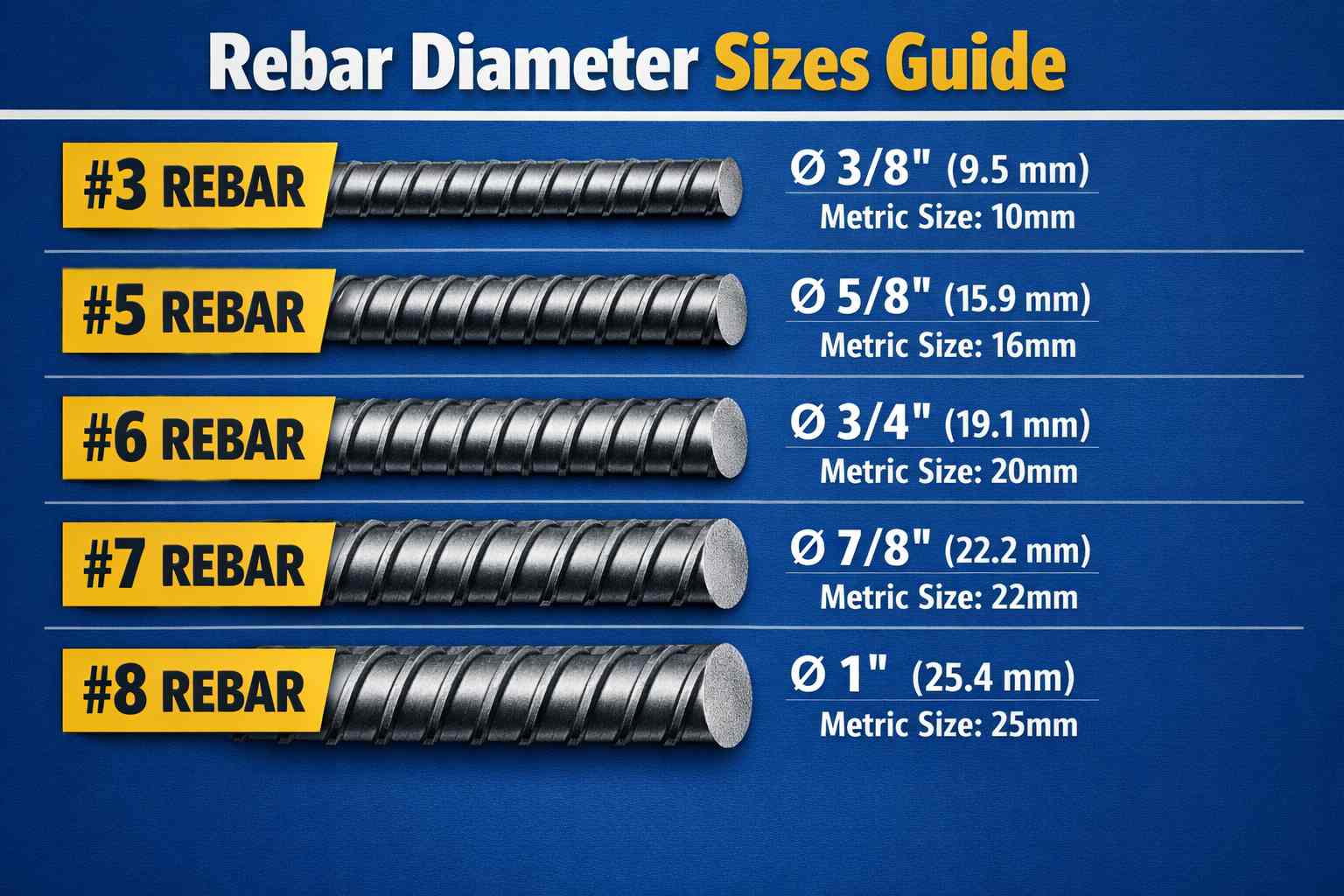 Rebar Diameter: 3, 5, 6, 7 & 8 Sizes Guide